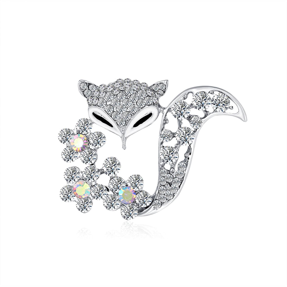 Clear Cubic Zirconia and Silver-Plated Floral Fox Brooch, silver brooch pin, vintage-inspired design, front view