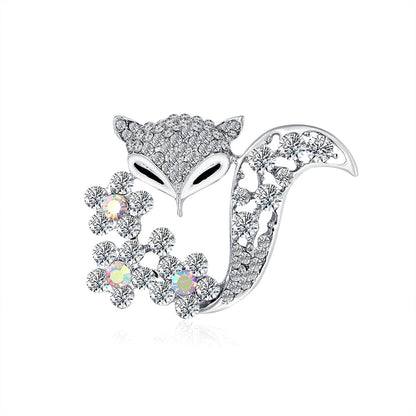 Clear Cubic Zirconia and Silver-Plated Floral Fox Brooch, silver brooch pin, vintage-inspired design, front view