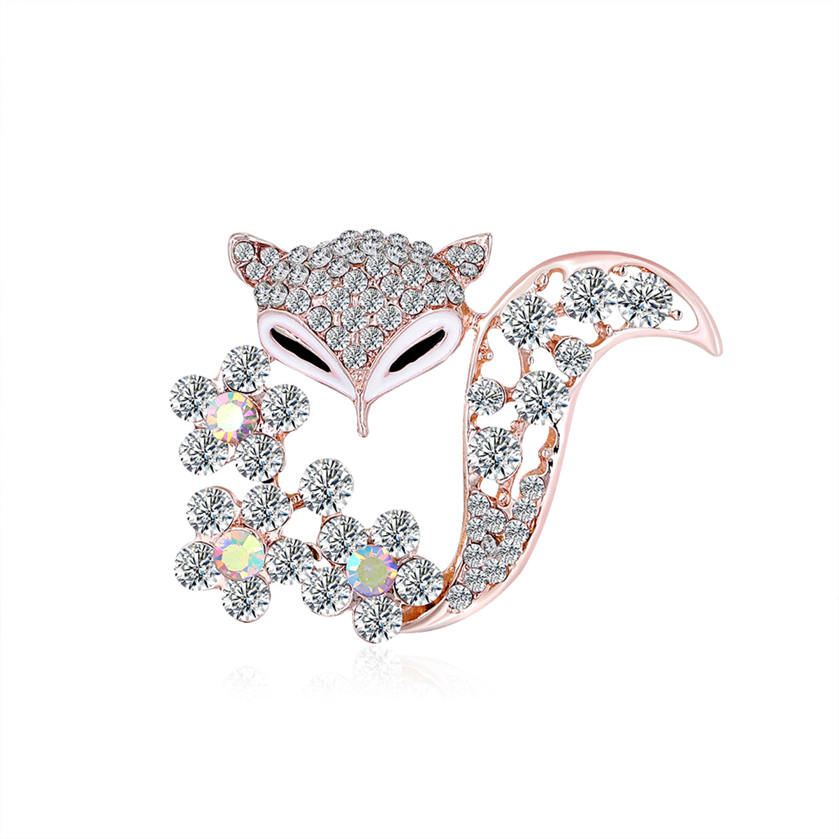 18K Rose Gold-Plated and Clear Cubic Zirconia Floral Fox Brooch, rose gold brooch pin, elegant gift for her, front view