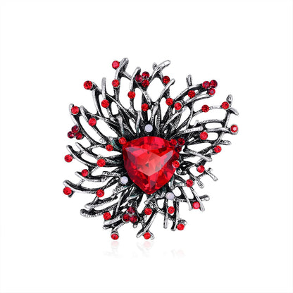 Red Cubic Zirconia and Silver-Plated Flower Brooch, silver brooch pin, everyday style, front view