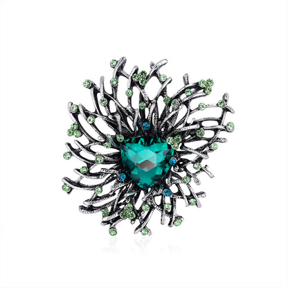 Green Crystal and Silver-Plated Flower Brooch, silver brooch pin, dainty minimalist design, detail close-up