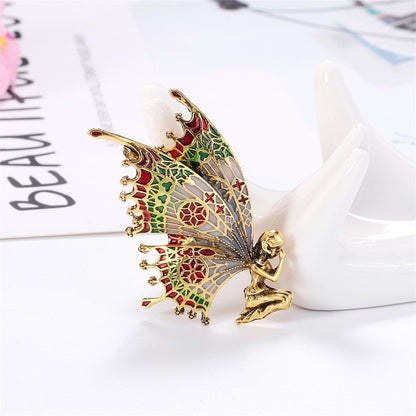 Green Enamel and 18K Gold-Plated Butterfly Fairy Brooch, gold brooch pin, vintage-inspired design, front view