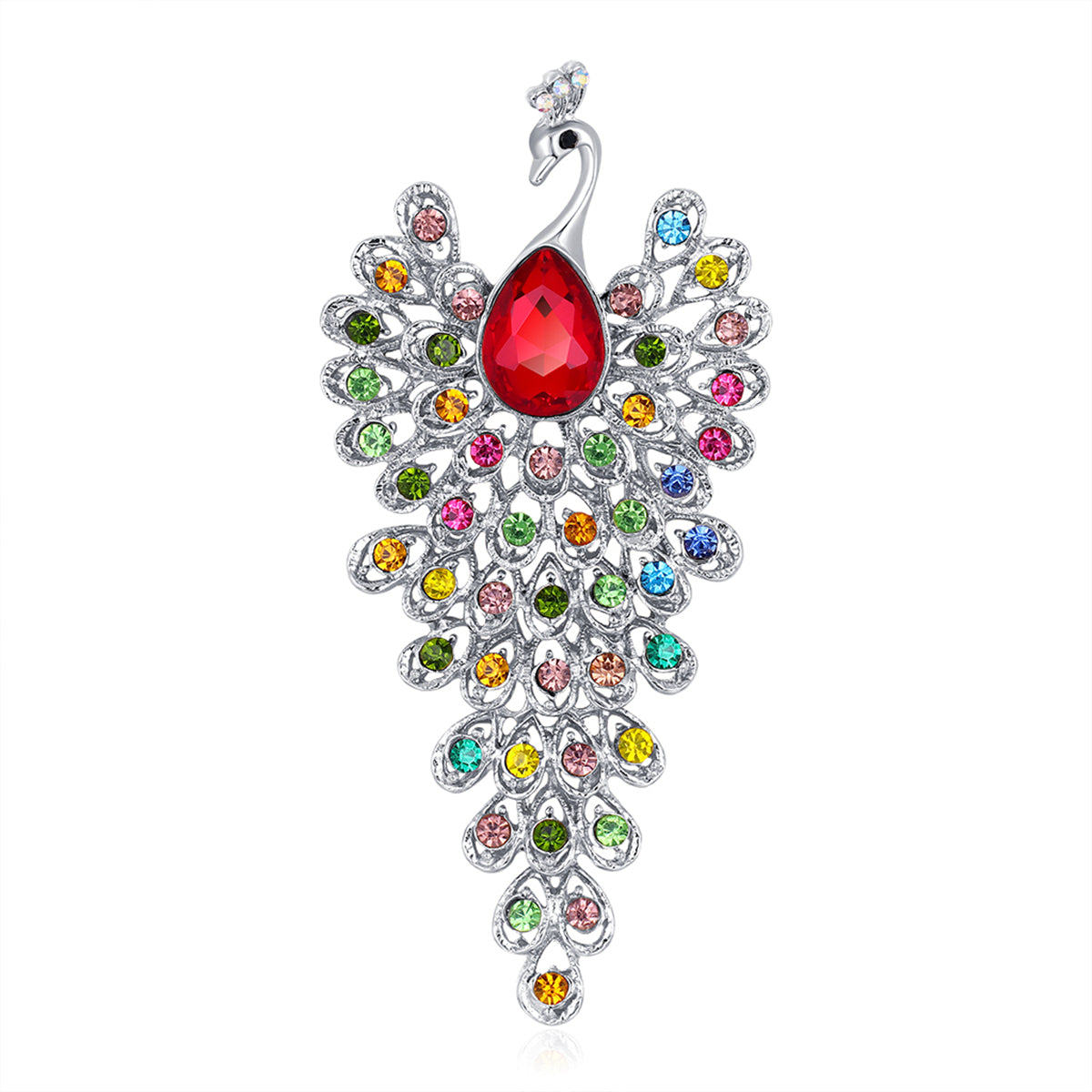 Pink and Multicolor Cubic Zirconia and Silver-Plated Peacock Brooch, silver brooch pin, elegant gift for her, side view