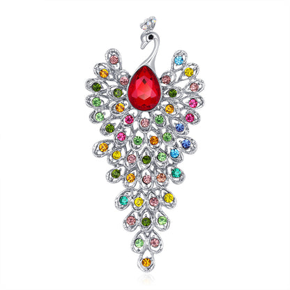 Pink and Multicolor Cubic Zirconia and Silver-Plated Peacock Brooch, silver brooch pin, elegant gift for her, side view