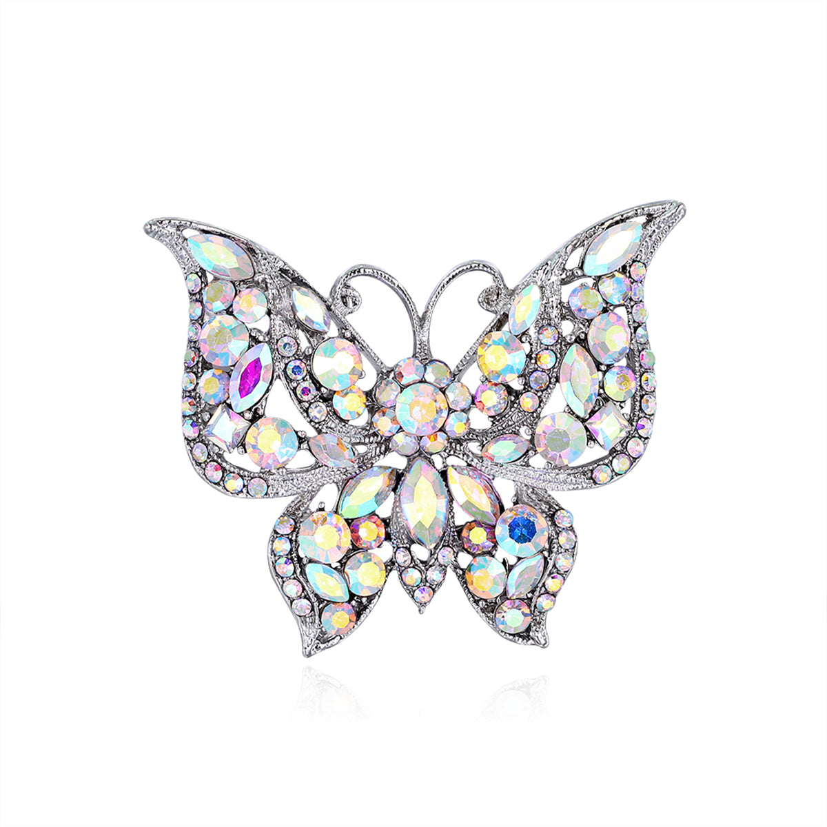 Red and Multicolor Cubic Zirconia Silver-Plated Butterfly Brooch, silver brooch pin, botanical inspired, detail close-up