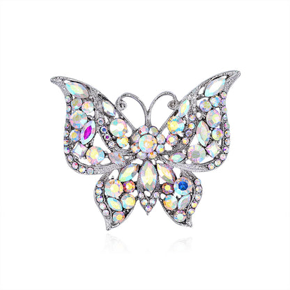 Red and Multicolor Cubic Zirconia Silver-Plated Butterfly Brooch, silver brooch pin, botanical inspired, detail close-up