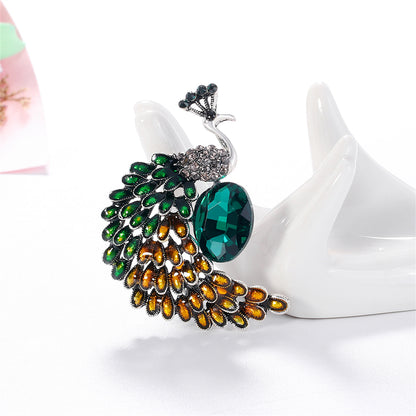 Clear Cubic Zirconia and Silver-Plated Peacock Brooch, silver brooch pin, dainty minimalist design, side view