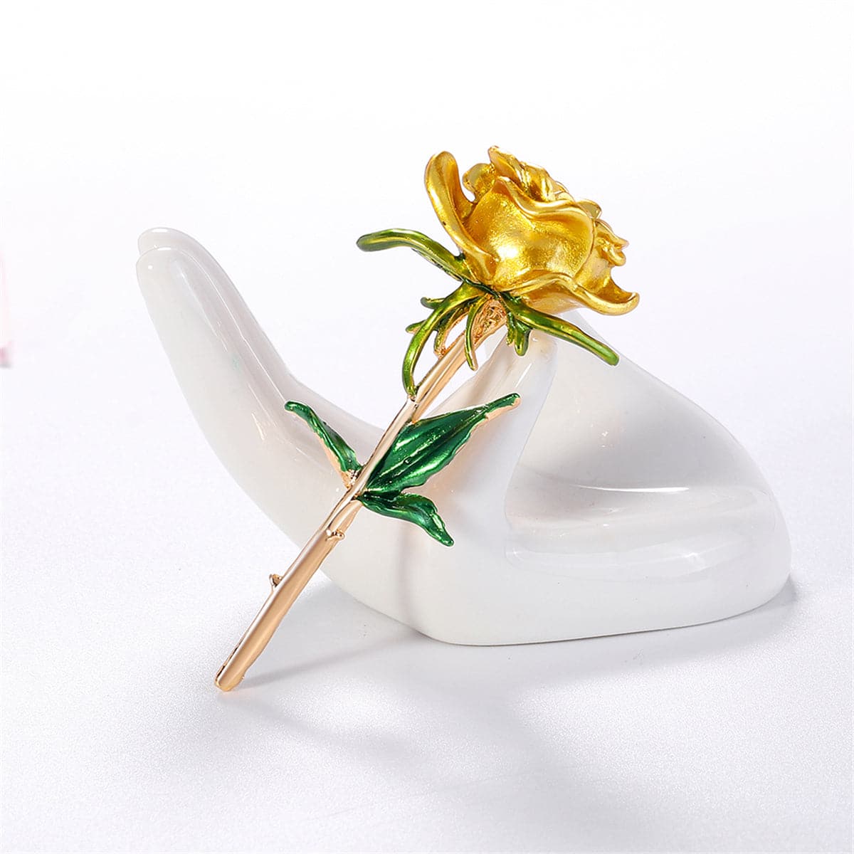 Yellow Enamel and 18K Gold-Plated Rose Brooch, gold brooch pin, botanical inspired, front view