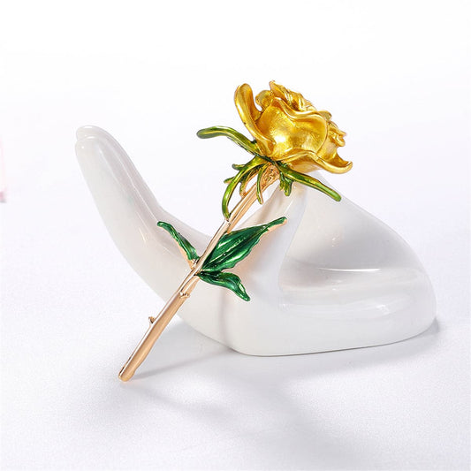 Yellow Enamel and 18K Gold-Plated Rose Brooch, gold brooch pin, botanical inspired, front view