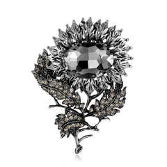Black Crystal & Cubic Zirconia Sunflower Brooch