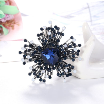 Blue Cubic Zirconia and Silver-Plated Flower Brooch, silver brooch pin, vintage-inspired design, front view