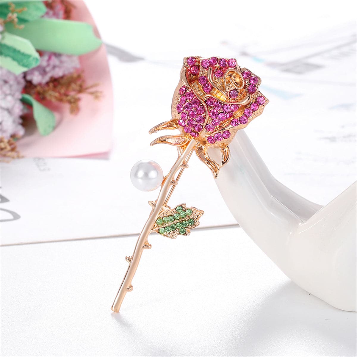 Pink Cubic Zirconia and Pearl Rose Brooch, brooch pin, botanical inspired, front view