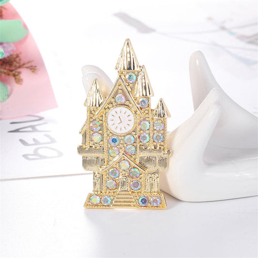 Blue Cubic Zirconia and Enamel 18K Gold-Plated Castle Brooch, gold brooch pin, vintage-inspired design, front view