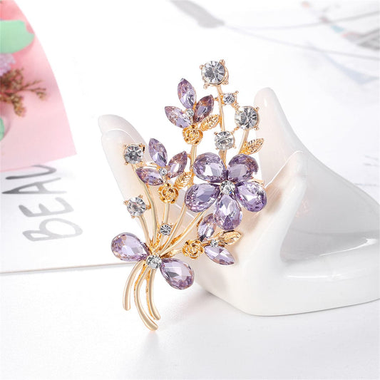 Purple Crystal and Cubic Zirconia 18K Gold-Plated Flower Brooch, gold brooch pin, everyday style, front view