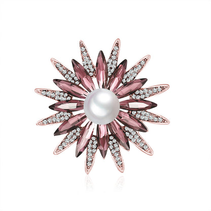 Red Crystal and Cubic Zirconia Pearl Flower Brooch, brooch pin, botanical inspired, side view