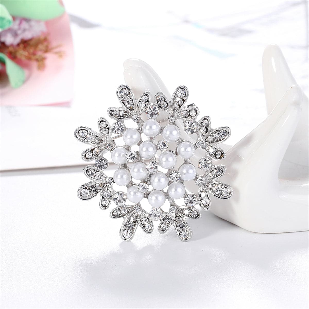 Clear Cubic Zirconia and Pearl Silver-Plated Flower Brooch, silver brooch pin, elegant gift for her, front view