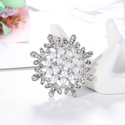 Clear Cubic Zirconia and Pearl Silver-Plated Flower Brooch, silver brooch pin, elegant gift for her, front view