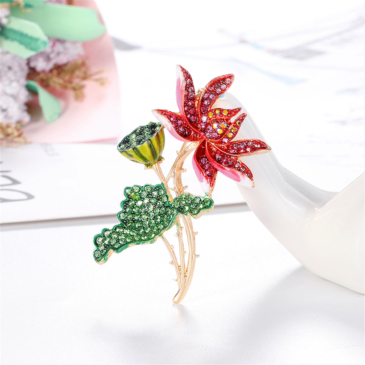 Green Enamel and Multicolor Cubic Zirconia 18K Gold-Plated Lotus Brooch, gold brooch pin, elegant gift for her, front view