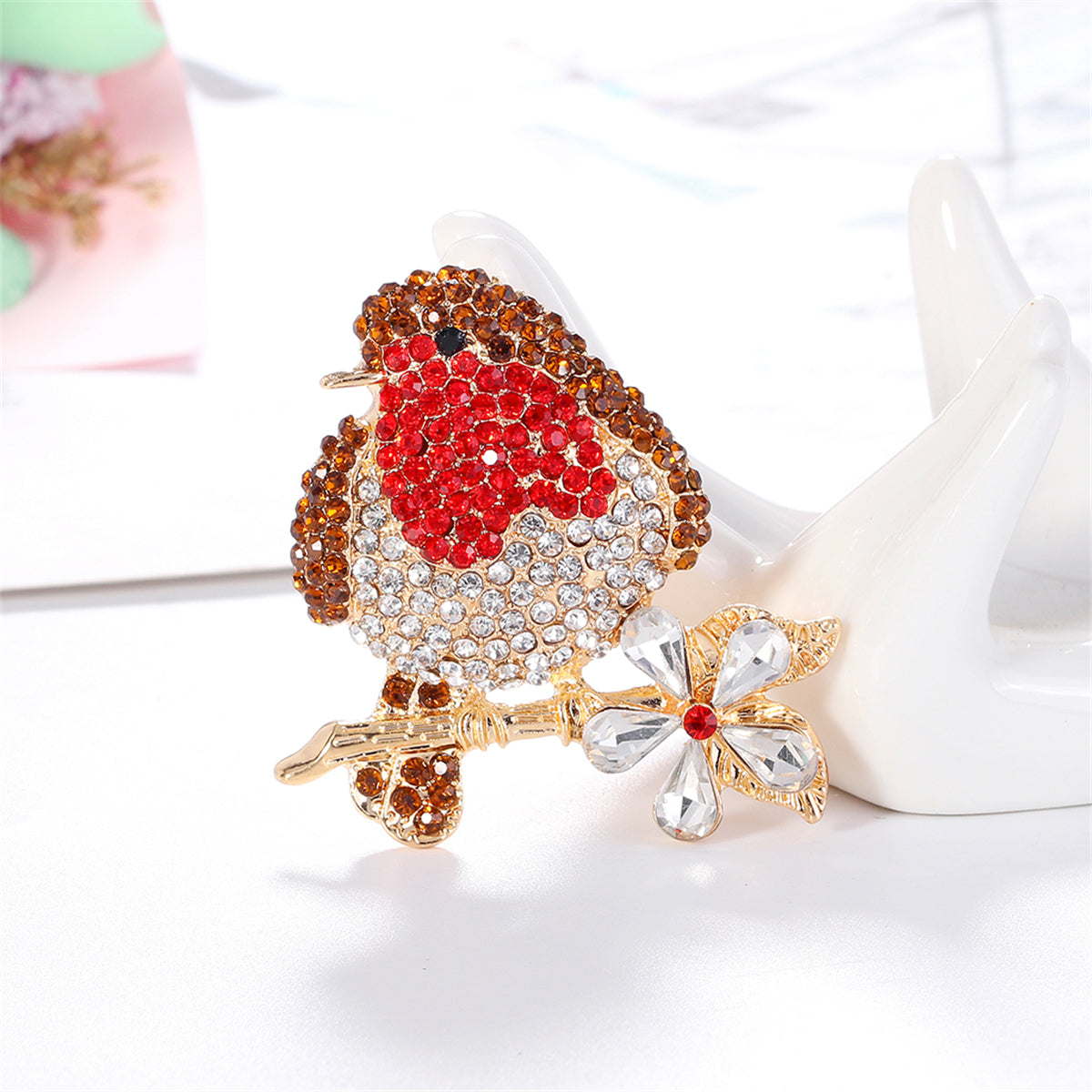 Red and Multicolor Cubic Zirconia and 18K Gold-Plated Bird Brooch, gold brooch pin, everyday style, front view
