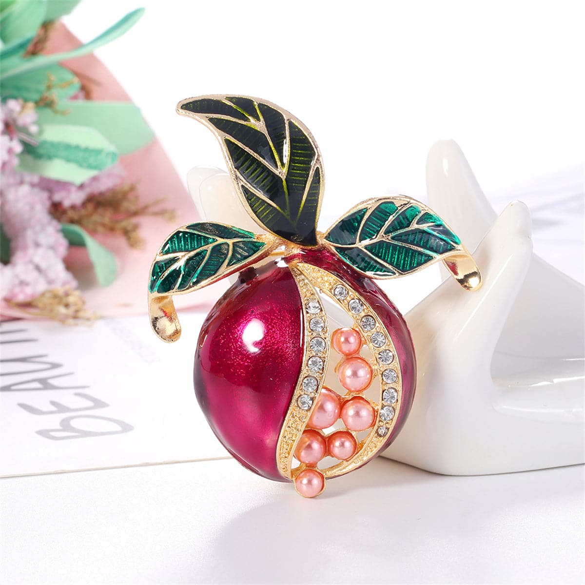 Clear Cubic Zirconia and Pearl Enamel 18K Gold-Plated Pomegranate Brooch, gold brooch pin, front view
