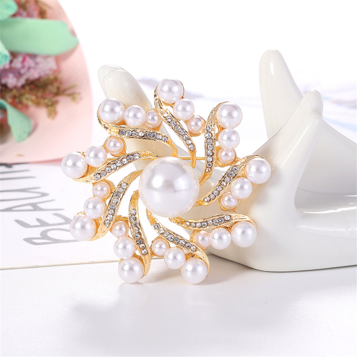 Clear Cubic Zirconia and Pearl 18K Gold-Plated Vortex Brooch, gold brooch pin, everyday style, detail close-up