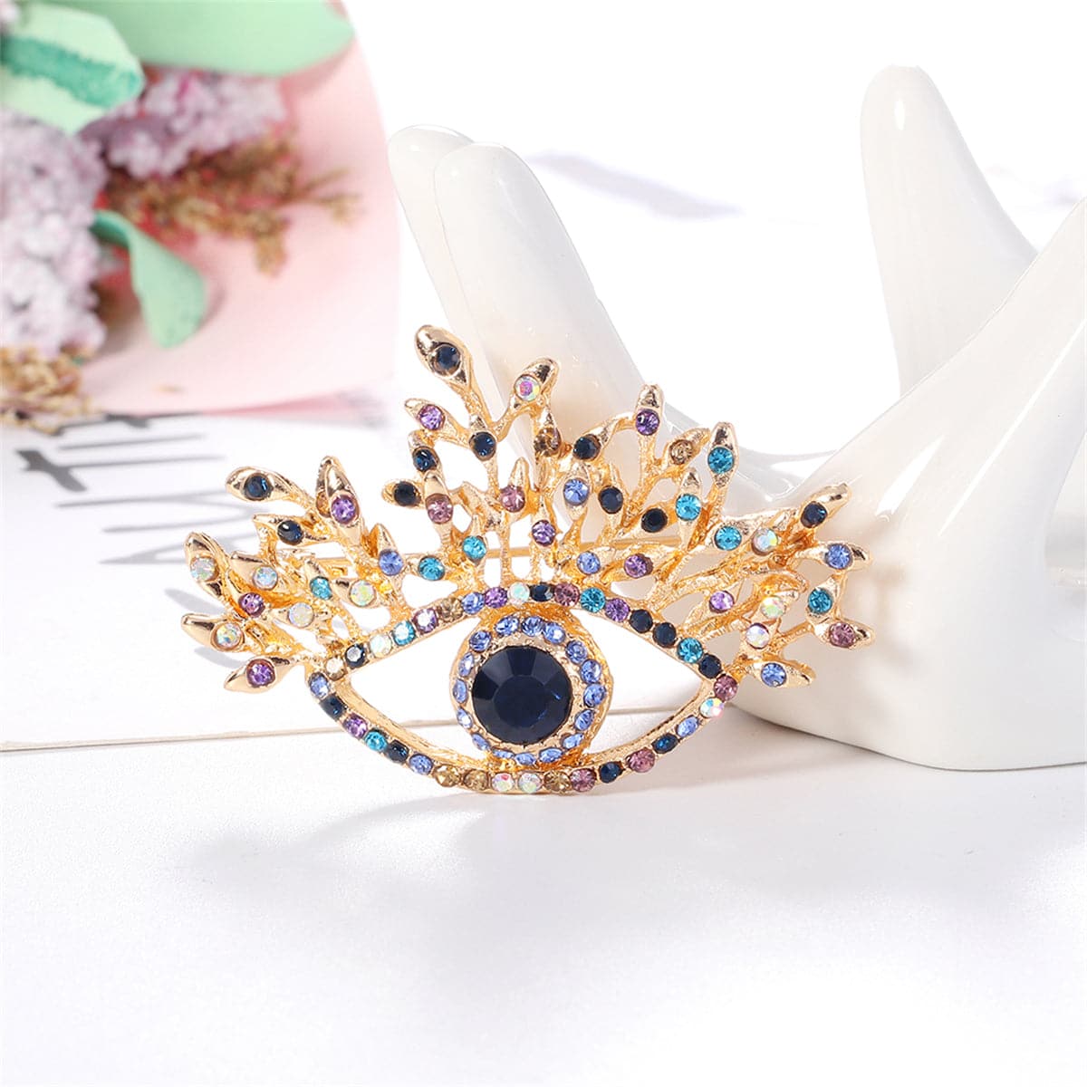 Blue Crystal and Multicolor Cubic Zirconia 18K Gold-Plated Eye Brooch, gold brooch pin, everyday style, front view