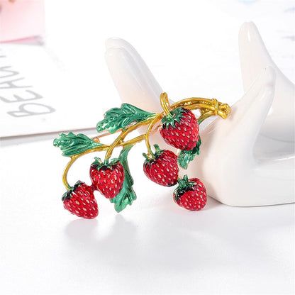 Red Enamel and 18K Gold-Plated Strawberries Brooch, gold brooch pin, vintage-inspired design, side view