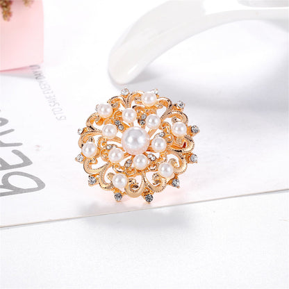 Clear Cubic Zirconia and Pearl 18K Gold-Plated Round Floral Brooch, gold brooch pin, botanical inspired, side view