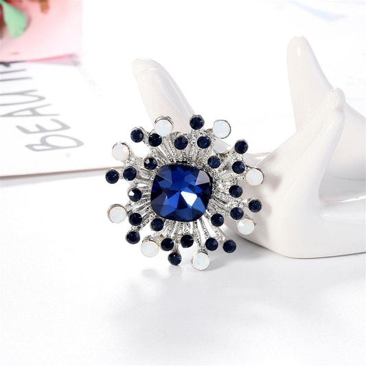 Blue Cubic Zirconia and Silver-Plated Flower Brooch, silver brooch pin, everyday style, front view