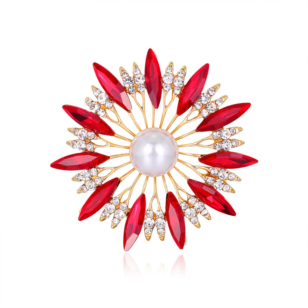 Red Crystal and Pearl Sunflower Brooch, brooch pin, elegant gift for her, side view