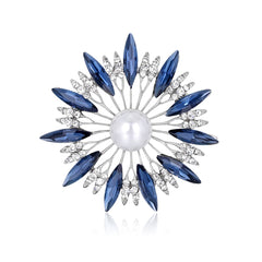 Blue Crystal & Cubic Zirconia Pearl Silver-Plated Sunflower Brooch