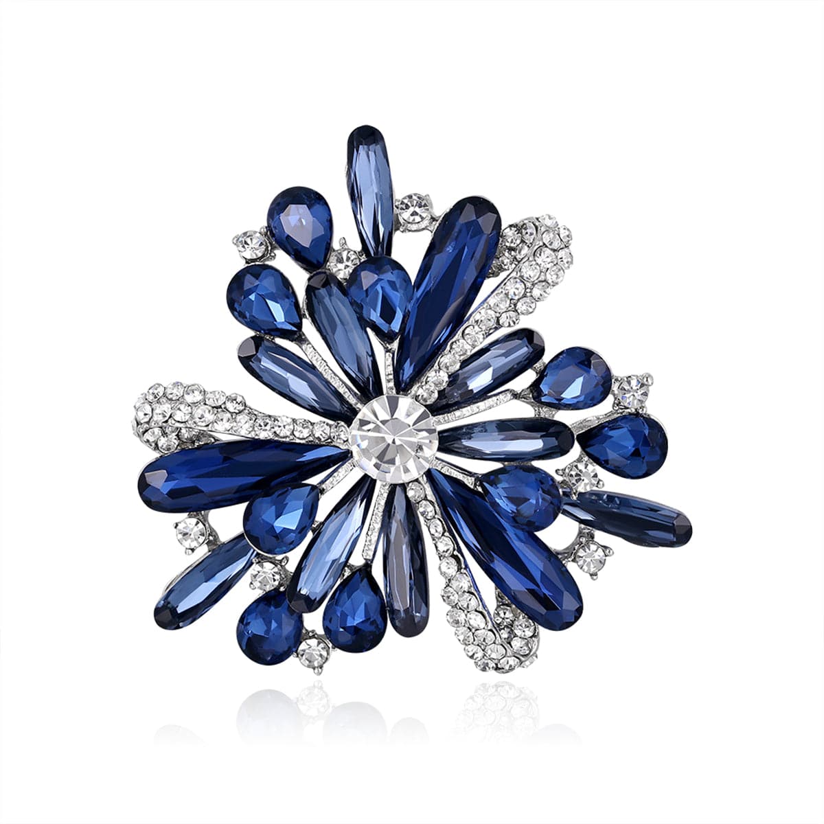 Blue Crystal and Silver-Plated Floral Brooch, silver brooch pin, elegant gift for her, front view