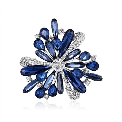 Blue Crystal and Silver-Plated Floral Brooch, silver brooch pin, elegant gift for her, front view