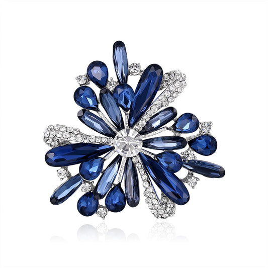 Blue Crystal and Silver-Plated Floral Brooch, silver brooch pin, elegant gift for her, front view