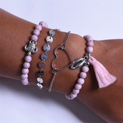 Pink Turquoise and Silver-Plated Beaded Stretch Bracelet Set, jewelry gift sets for women, side view
