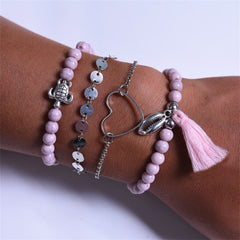Pink Turquoise & Silver-Plated Beaded Stretch Bracelet Set