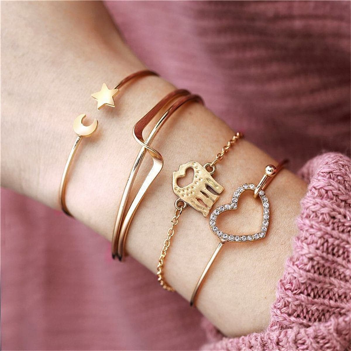 Cubic Zirconia and 18K Gold-Plated Moon and Stars Cuff Bracelet Set, gold bracelet for women, front view