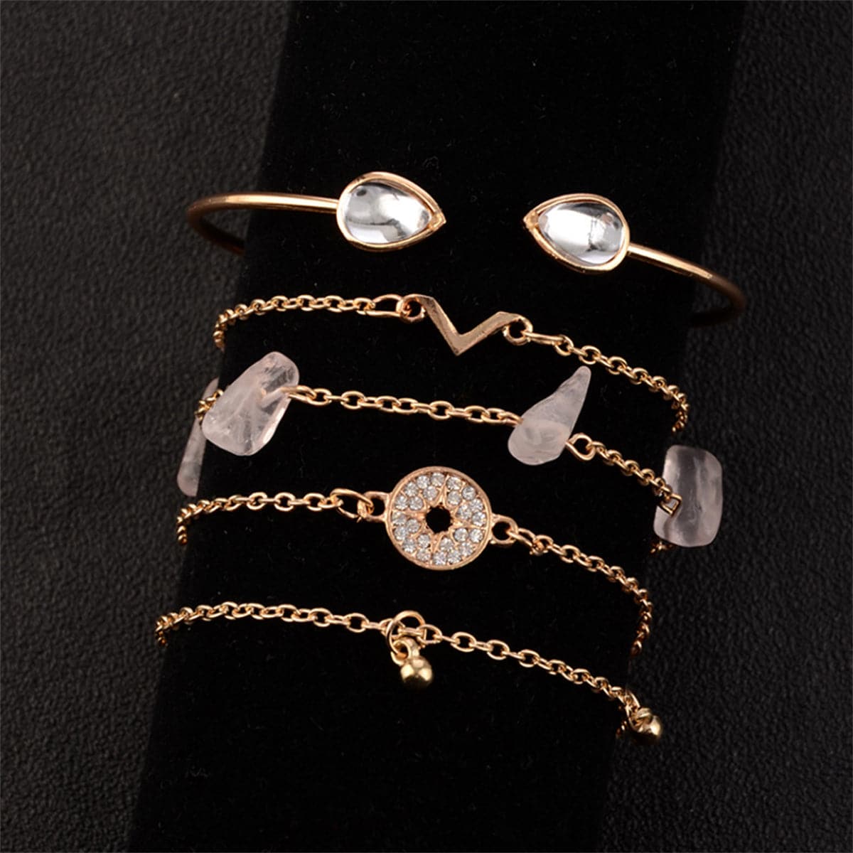 Cubic Zirconia and Moonstone Charm Bracelet Set, jewelry gift sets for women, dainty minimalist design, side view