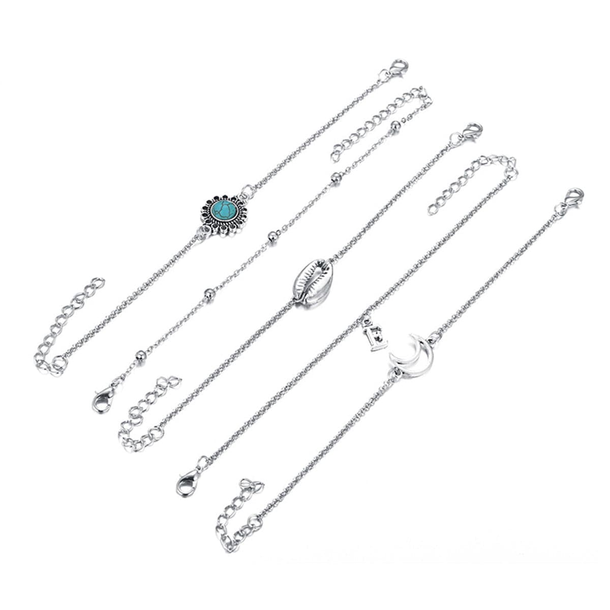 Turquoise and Silver-Plated Shell and Moon Bracelet Set, jewelry gift sets for women, elegant gift for her, front view