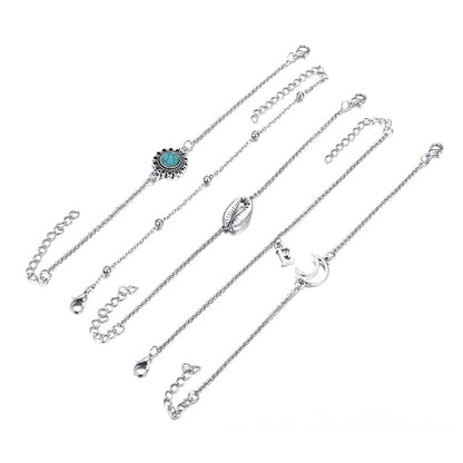 Turquoise and Silver-Plated Shell and Moon Bracelet Set, jewelry gift sets for women, elegant gift for her, front view