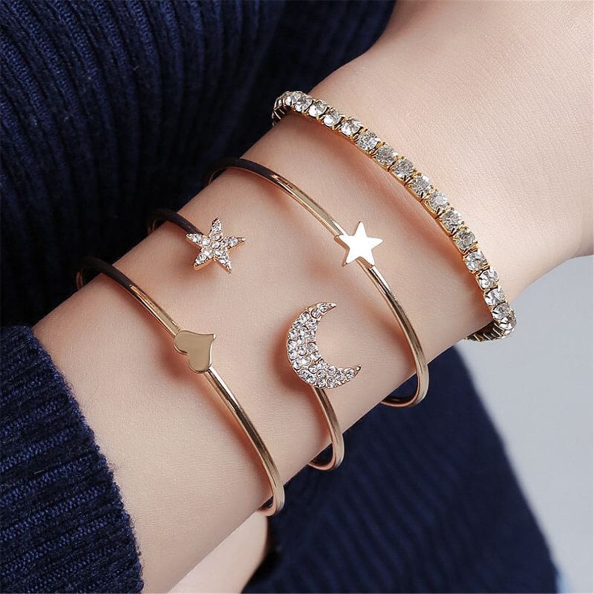 Cubic Zirconia and 18K Gold-Plated Stars Moon Bangle Cuff Set, jewelry gift sets for women, front view