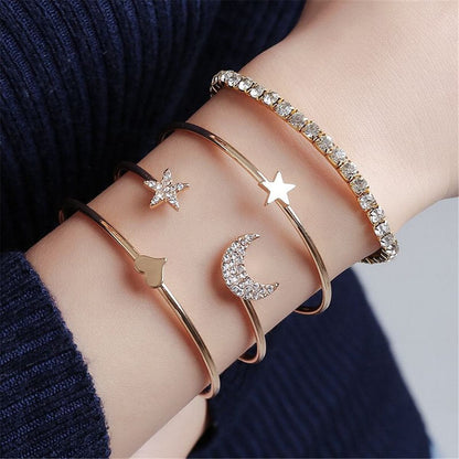 Cubic Zirconia and 18K Gold-Plated Stars Moon Bangle Cuff Set, jewelry gift sets for women, front view