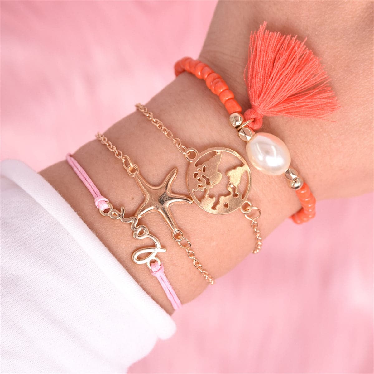 Pink & 18K Gold-Plated Starfish Map Bracelet Set