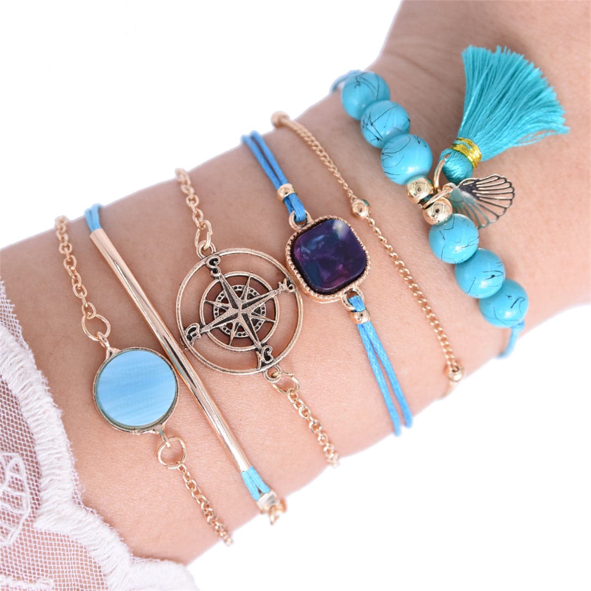Turquoise and Polyster 18K Gold-Plated Shell Bracelet Set, jewelry gift sets for women, vintage-inspired design, front view
