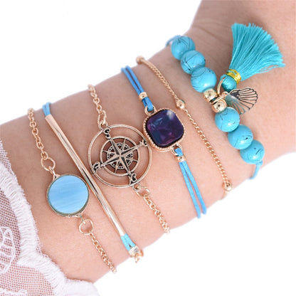 Turquoise and Polyster 18K Gold-Plated Shell Bracelet Set, jewelry gift sets for women, vintage-inspired design, front view