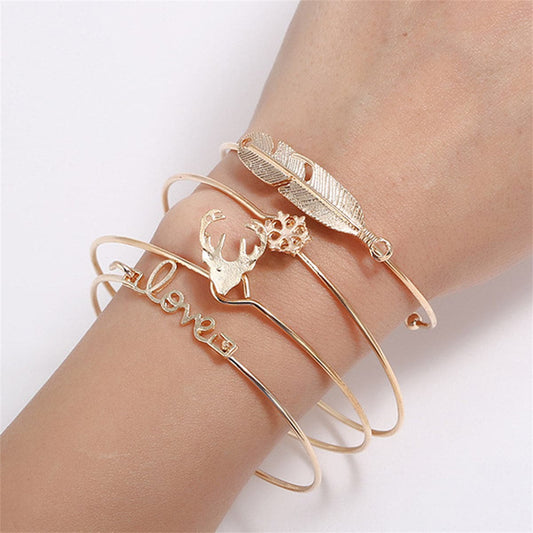 18K Gold-Plated 'Love' Snowflake Antlers Bangle and Cuff Set, jewelry gift sets for women, elegant gift for her, front view