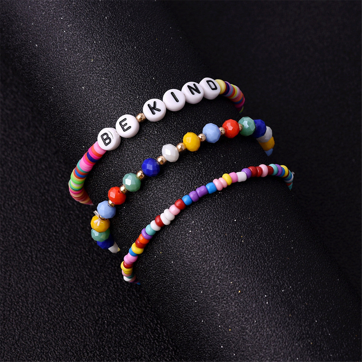 Multicolor Howlite and 18K Gold-Plated 'Be Kind' Beaded Bracelet Set, jewelry gift sets for women, front view