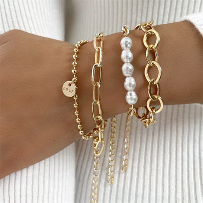 Pearl and 18K Gold-Plated Cable Chain Bracelet Set, jewelry gift sets for women, elegant gift for her, front view