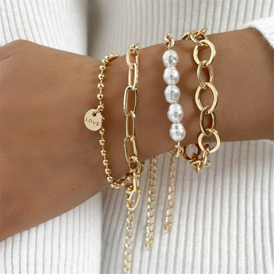 Pearl and 18K Gold-Plated Cable Chain Bracelet Set, jewelry gift sets for women, elegant gift for her, front view