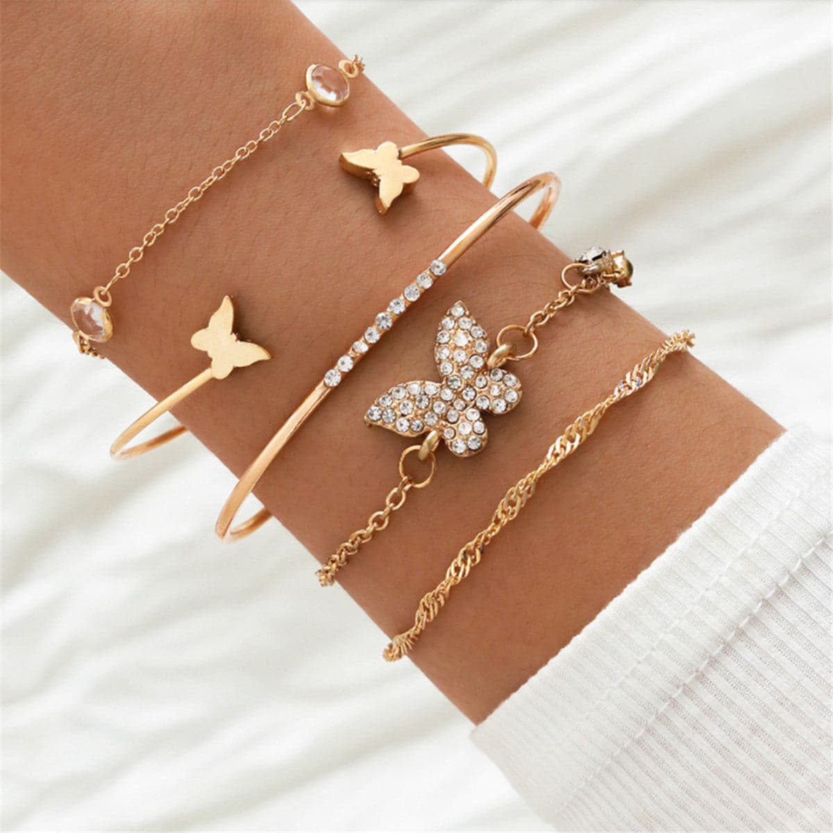 Cubic Zirconia and 18K Gold-Plated Butterfly Bracelet Set, jewelry gift sets for women, everyday style, front view
